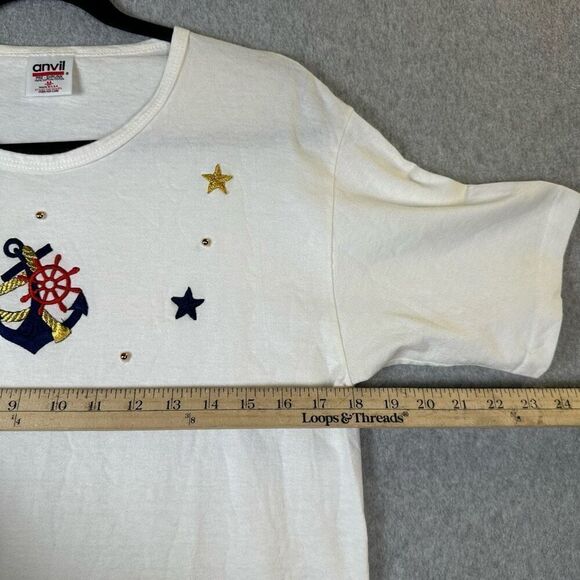Anvil Womens Medium Nautical Theme Pullover Top White Embroidered Shirt Sleeve - Picture 2 of 6